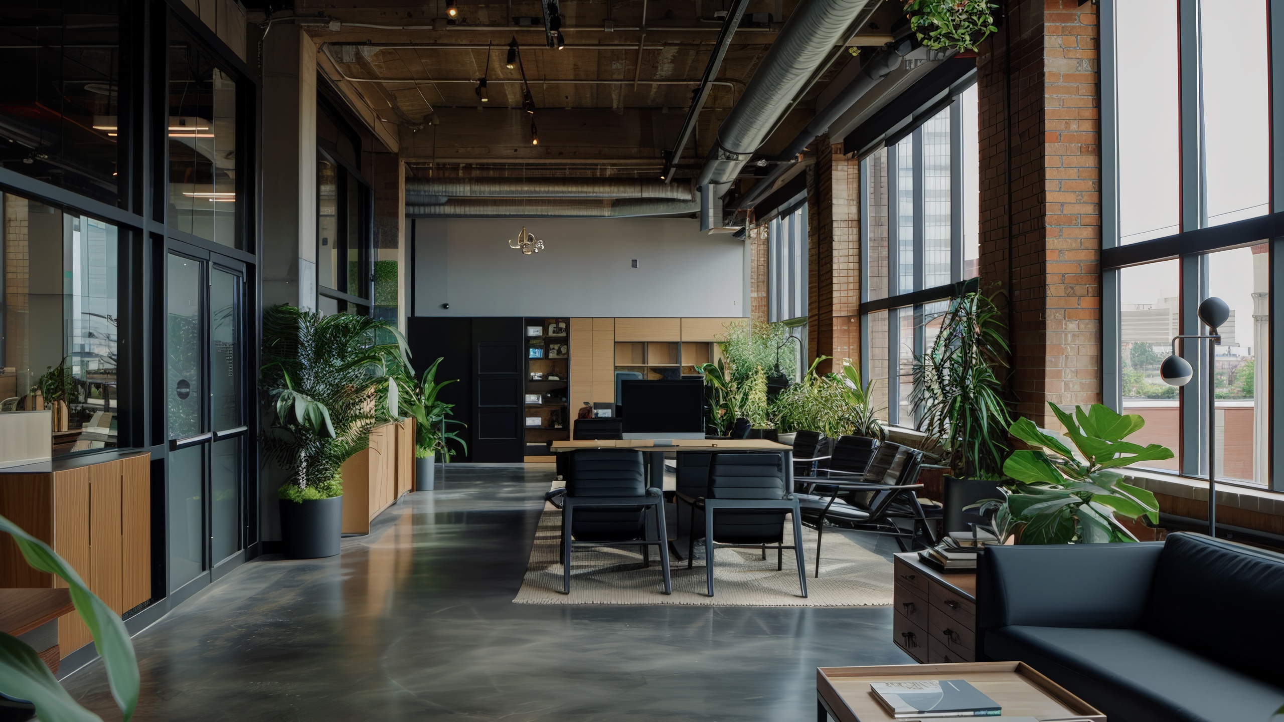 Modern commercial office with spacious windows, lush plants, open layouts, and cozy seating featuring stylish furnishings and minimalist decor.